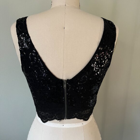 Jodi Kristopher Crop Top Black Lace Sequin Wide Strap Fully Lined Zipper Sz 1 - Picture 2 of 12